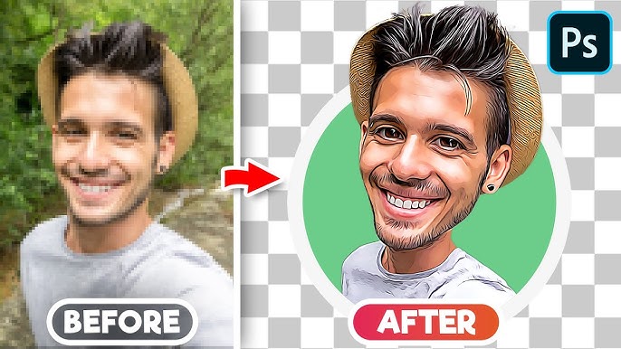 A before-and-after comparison of a real face vs. the Cartoon Face Lens effect.